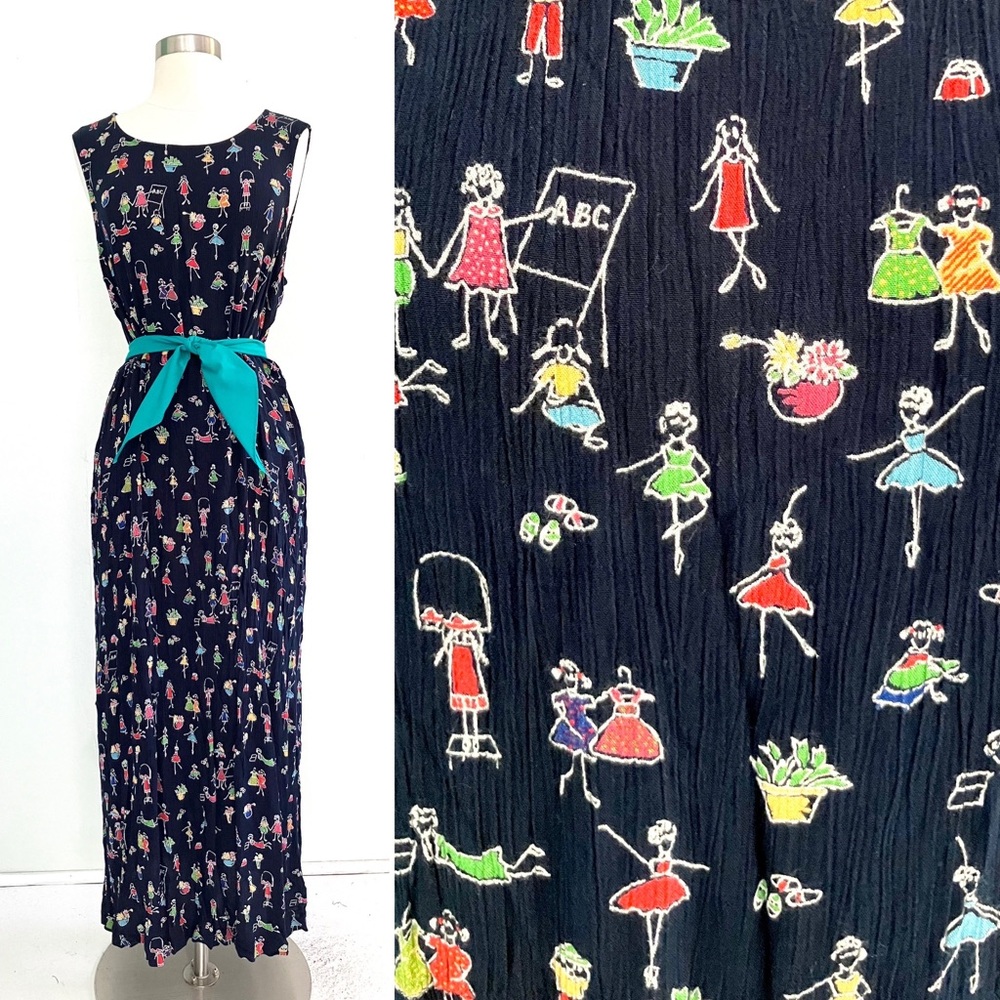 Vintage 90’s black rayon novelty school stick figures print dress